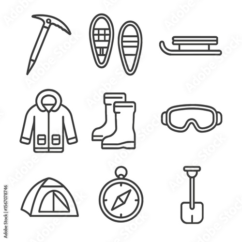Polar Gear Icons. Outline icon set of polar exploration gear: ice axe, snowshoes, sled, parka jacket, thermal boots, goggles,