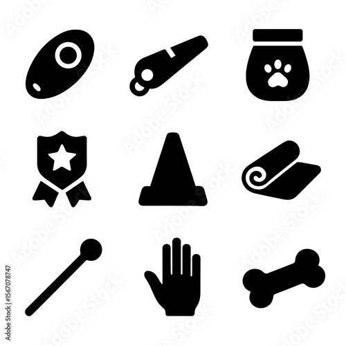 Dog Training Tools Icons. Solid, filled icon set of dog training tools: clicker, whistle, treat pouch, obedience badge, agility
