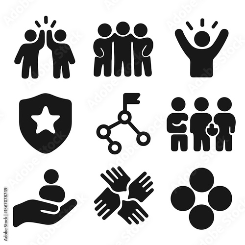 Team Spirit Icons. Solid, filled icons set of best teammate awards: group high-five, team huddle, cheer icon,
