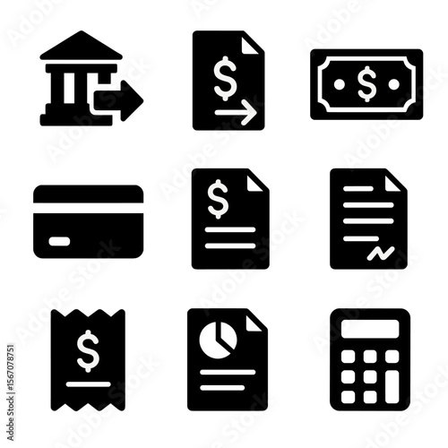 Finance Icon Grid. Solid, filled icon set of export payment and finance: bank transfer, letter of credit, currency note, credit
