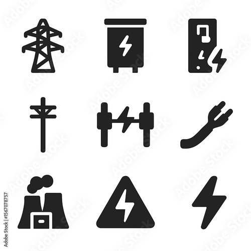 Electric System Icons. Solid, filled icon set of electric energy systems: high-voltage line, transformer box, circuit breaker,