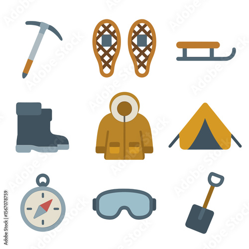 Polar Exploration Gear Icons. Flat icon set of polar exploration gear: ice axe, snowshoes, sled, parka jacket, thermal boots,