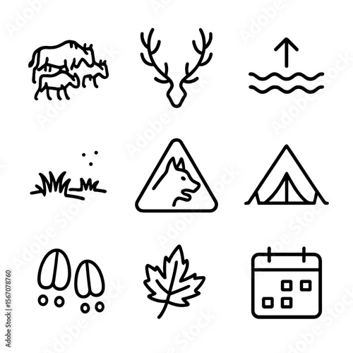 Animal Migration Icons. Outline icon set of terrestrial animal seasonal movement: wildebeest herd, caribou antler silhouette,