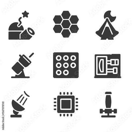 Telescope Technology Icons. Solid, filled icons set of cutting-edge telescope technology: adaptive optics,
