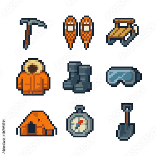 Polar Exploration Gear Icons. Pixel art icon set of polar exploration gear: ice axe, snowshoes, sled, parka jacket, thermal boots,