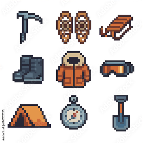 Polar Exploration Gear Icons. Pixel art icon set of polar exploration gear: ice axe, snowshoes, sled, parka jacket, thermal boots,