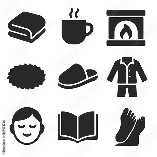 Cozy Indoor Icons. Solid, filled icons set of cozy indoor moments: blanket icon, hot drink cup, fireplace,