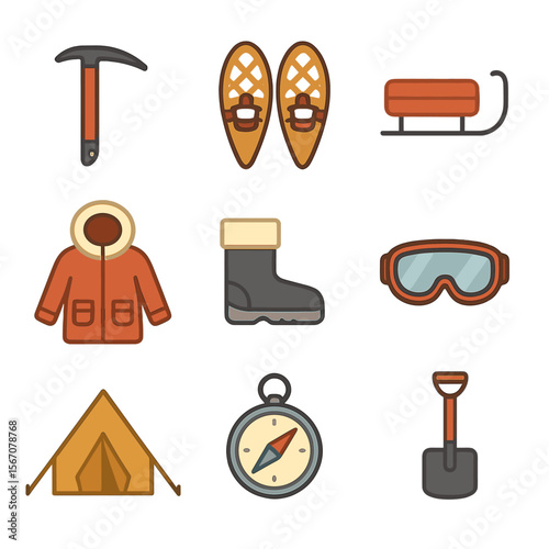Polar Exploration Gear Icons. Flat icon set of polar exploration gear: ice axe, snowshoes, sled, parka jacket, thermal boots,
