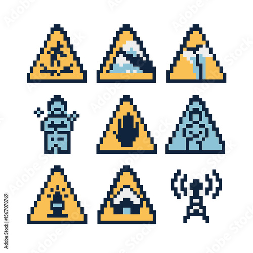 Polar Safety Icons. Pixel art icon set of polar safety signs: thin ice warning, avalanche hazard, crevasse danger, cold stress