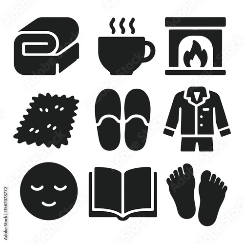 Cozy Indoor Icons. Solid, filled icons set of cozy indoor moments: blanket icon, hot drink cup, fireplace,