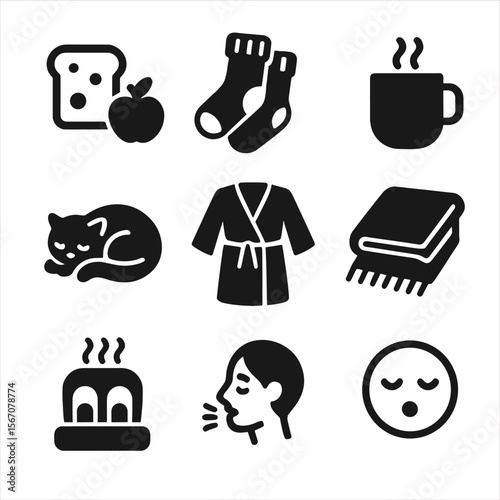 Cozy Nighttime Icon Grid. Solid, filled icons set of cozy nighttime rituals: bedtime snack, fuzzy socks, warm
