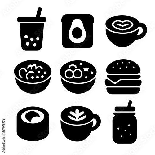 Trendy Food Icons. Solid, filled icon set of trendy food items: bubble tea, avocado toast, matcha latte, poke bowl, acai bowl,