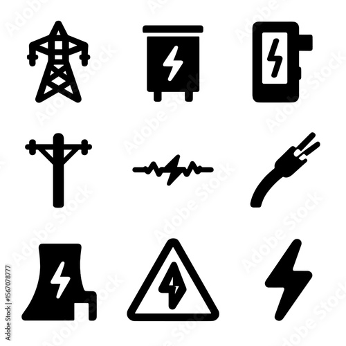 Electric System Icons. Solid, filled icon set of electric energy systems: high-voltage line, transformer box, circuit breaker,