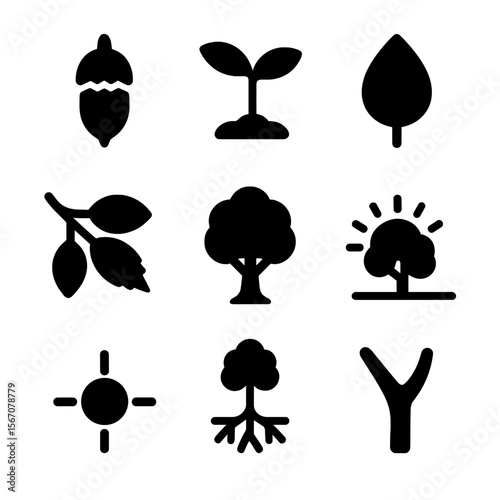 Tree Icon Grid. Solid, filled icon set of deciduous tree awakening: oak bud, maple sprout, elm leaf, birch branch, young canopy,