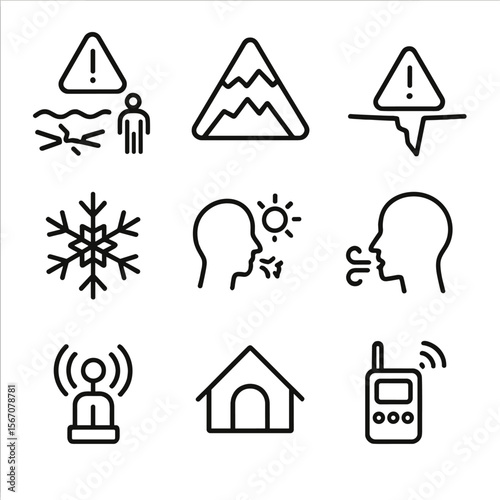 Polar Safety Icon Set. Outline icon set of polar safety signs: thin ice warning, avalanche hazard, crevasse danger, cold stress