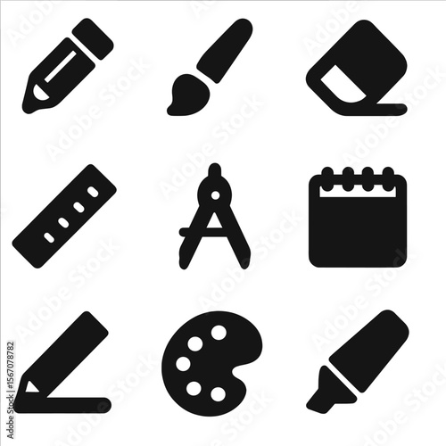 Drawing Tools Icons. Solid, filled icon set of drawing tools: pencil, paintbrush, eraser, ruler, compass, sketchpad, charcoal