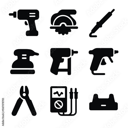 Electric Tools Icons. Solid, filled icon set of electric tools: power drill, electric saw, soldering iron, electric sander, nail