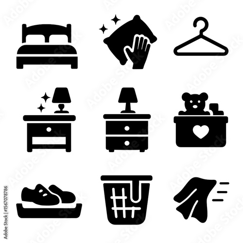 Tidy Bedroom Icons. Solid, filled icons set of bedroom tidying: made bed, pillow fluff, clothes hanger,