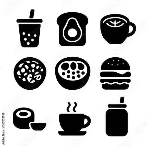 Trendy Food Icons. Solid, filled icon set of trendy food items: bubble tea, avocado toast, matcha latte, poke bowl, acai bowl,