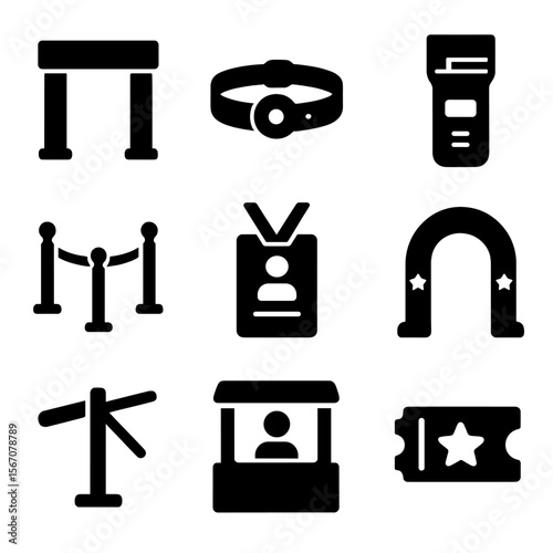 Ticketing Icons Set. Solid, filled icons set of ticketing and entry: entrance gate, wristband, ticket scanner,