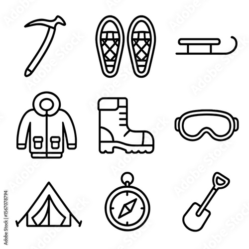 Polar Gear Icons. Outline icon set of polar exploration gear: ice axe, snowshoes, sled, parka jacket, thermal boots, goggles,