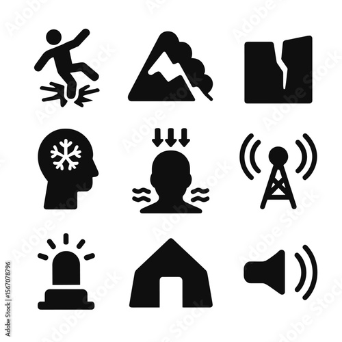 Polar Safety Icon Set. Solid, Filled icon set of polar safety signs: thin ice warning, avalanche hazard, crevasse danger, cold