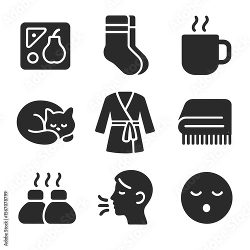 Cozy Nighttime Icon Grid. Solid, filled icons set of cozy nighttime rituals: bedtime snack, fuzzy socks, warm