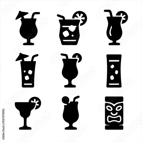 Tropical Cocktail Icons. Solid, filled icon set of tropical cocktails: piña colada, mai tai, blue lagoon, zombie, rum punch,