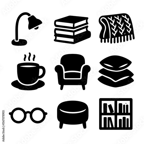 Cozy Reading Icons. Solid, filled icons set of cozy reading corner in bedroom: reading lamp, stack of books,