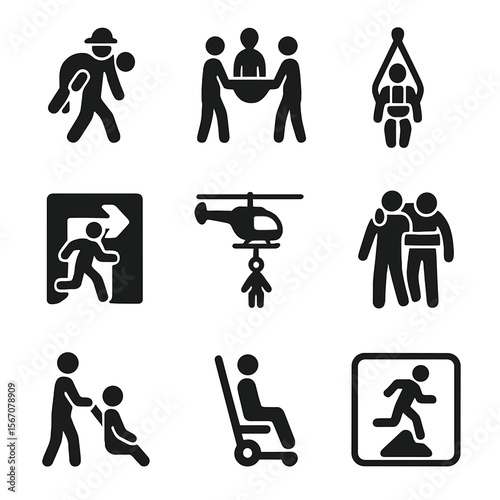 Emergency Extraction Icons. Solid, filled icon set of emergency casualty extraction: fireman carry, stretcher lift, rope harness,