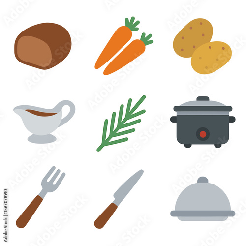 Pot Roast Icon Set. Flat icon set of classic pot roasts: pot roast slice, carrots, potatoes, gravy boat, rosemary sprig, slow