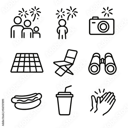 Fireworks Spectators Icons. Solid, filled icon set of spectators enjoying fireworks: family group, child watching, camera, picnic
