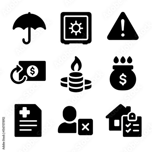 Emergency Finance Icons. Solid, filled icon set of emergency financial planning: umbrella icon, safe vault, emergency alert,