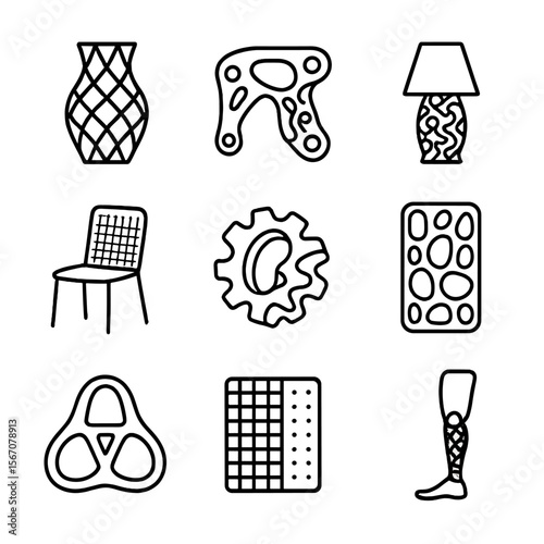 3D Printed Icon Set. Outline icon set of 3D-printed product concepts: lattice vase, topology-optimized bracket, gyroid lamp, mesh