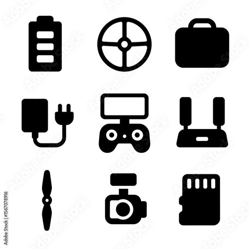 Drone Accessories Icons. Solid, filled icon set of drone accessories: extra battery, propeller guard, carrying case, charger,