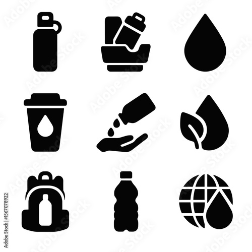 Travel Hydration Icons. Solid, filled icons set of travel and commute hydration: commuter bottle, car
