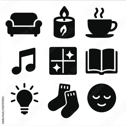 Cozy Relaxation Icons. Solid, filled icons set of post-cleaning relaxation: couch icon, scented candle, tea