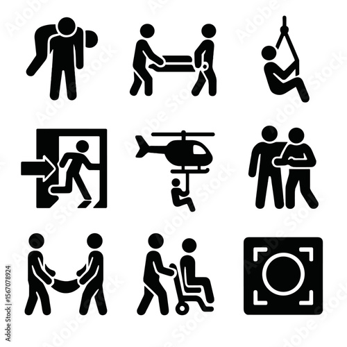 Emergency Extraction Icons. Solid, filled icon set of emergency casualty extraction: fireman carry, stretcher lift, rope harness,