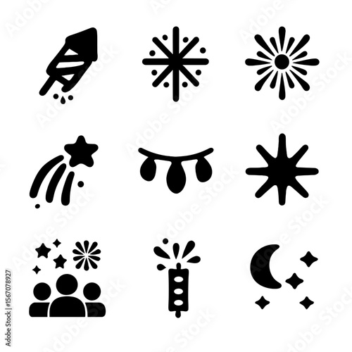 Fireworks Icon Set. Solid, filled icon set of fireworks and lights: exploding rocket, sparkler stick, skyburst, firework trail,
