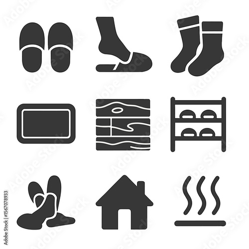 Cozy Slippers Icons. Solid, filled icons set of putting on indoor slippers: slipper pair, foot entering