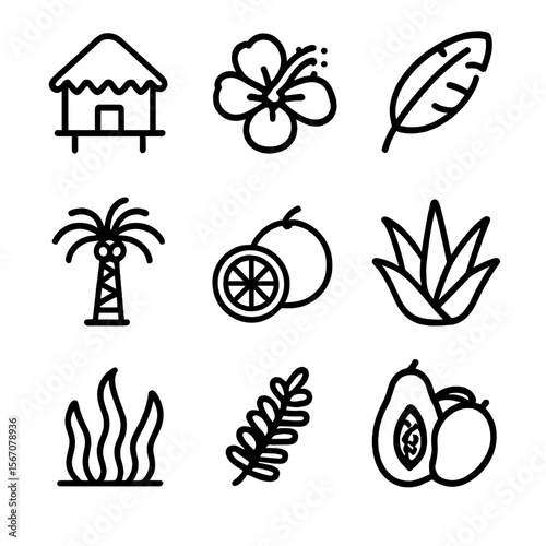 Tropical Island Icons. Solid, filled icon set of island hut plants: hibiscus flower, banana leaf, coconut palm, tropical fruit,