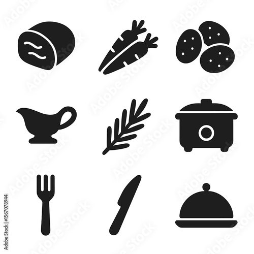 Pot Roast Icon Set. Solid, Filled icon set of classic pot roasts: pot roast slice, carrots, potatoes, gravy boat, rosemary sprig,