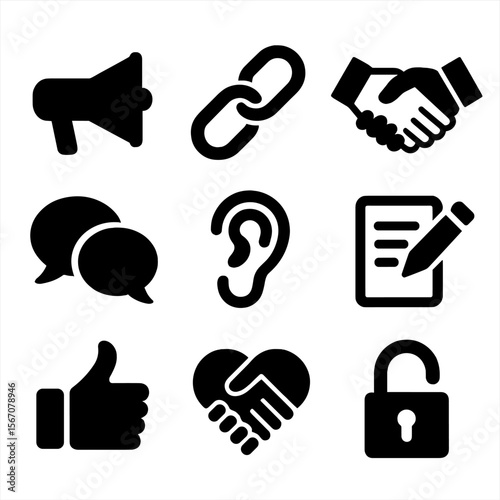 Trust Icons Grid. Solid, filled icon set of building trust and communication: megaphone, linked chains, handshake, open lock,