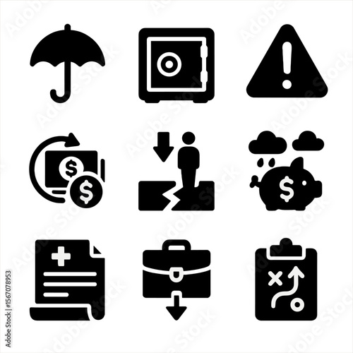 Emergency Finance Icons. Solid, filled icon set of emergency financial planning: umbrella icon, safe vault, emergency alert,