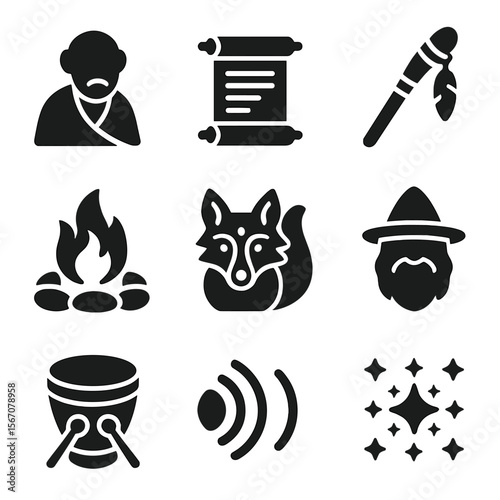 Traditional Storytelling Icons. Solid, filled icons set of traditional storytelling: elder icon, story scroll,