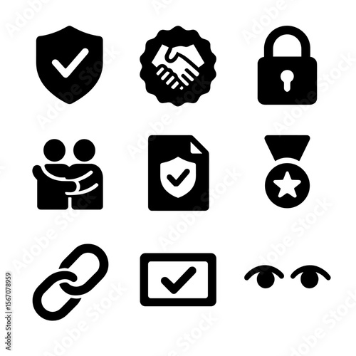 Trust Icon Set. Solid, filled icon set of trust and reliability: shield check, handshake badge, lock, team embrace, secure file,