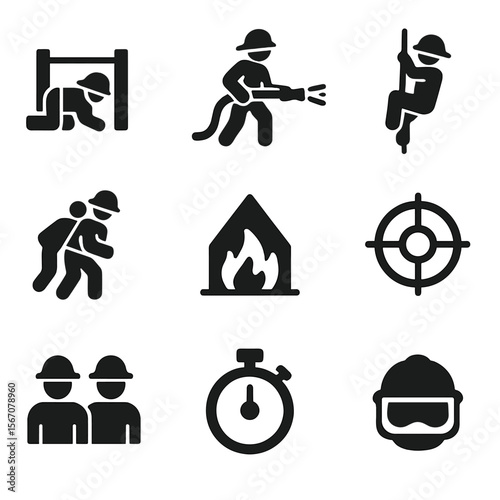Firefighter Training Icons. Solid, filled icon set of firefighter training: obstacle course, hose practice, climbing rope, rescue