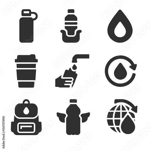 Travel Hydration Icons. Solid, filled icons set of travel and commute hydration: commuter bottle, car