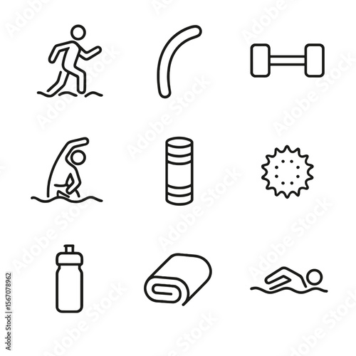 Aquatic Fitness Icons. Outline icon set of aquatic fitness and recovery: aqua jogging silhouette, pool noodle, water dumbbell,