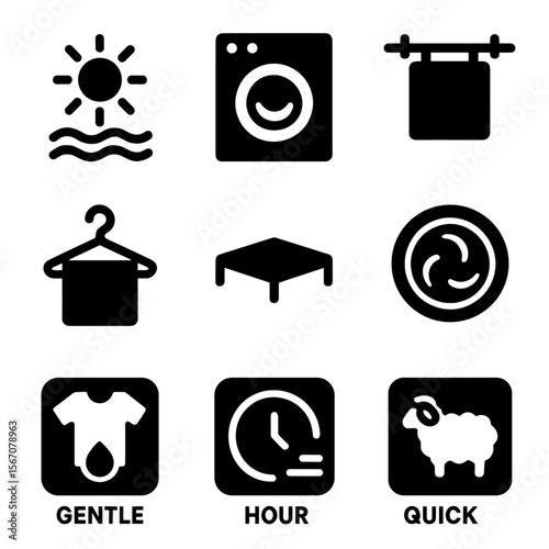 Drying Techniques Icons. Solid, filled icon set of drying techniques: air dry, tumble dry, line dry, hang dry, flat dry, spin dry,